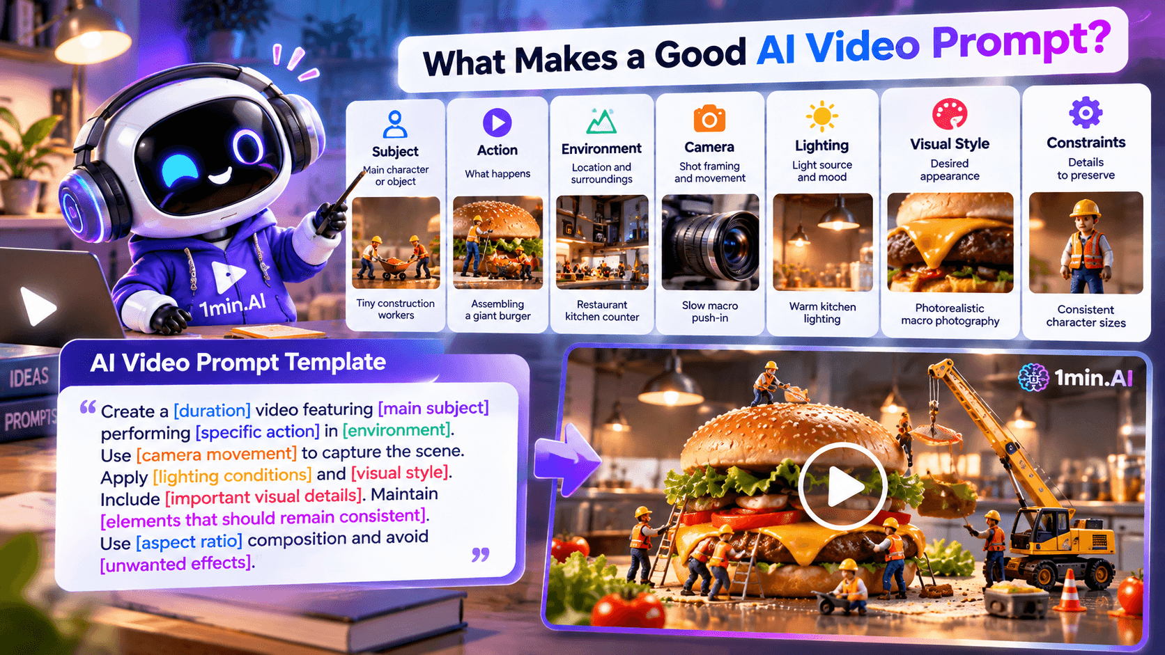 An AI robot illustrates elements for crafting effective AI video prompts with visual examples.