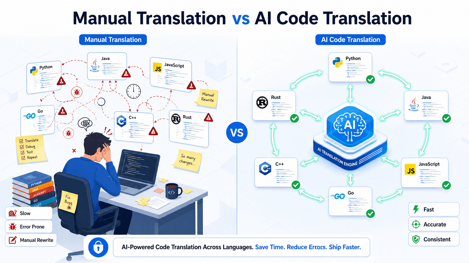 Visualizing manual code translation's complexity versus AI-powered code translation's efficiency and accuracy.