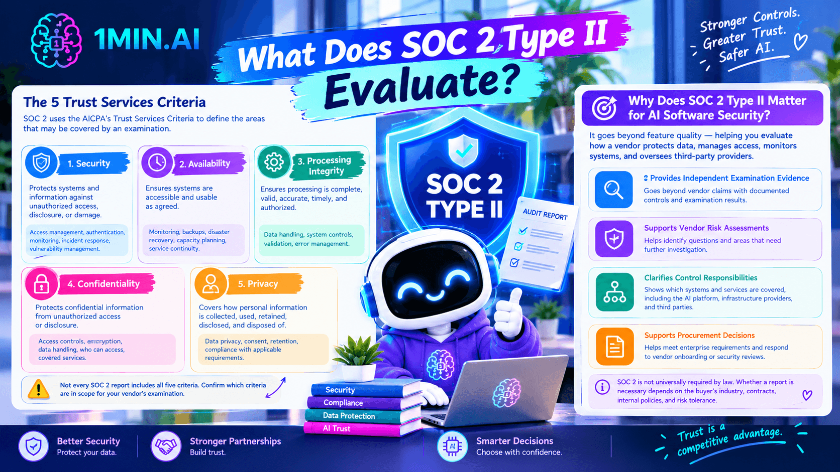 Infographic details SOC 2 Type II evaluation, trust services criteria, and AI software security.