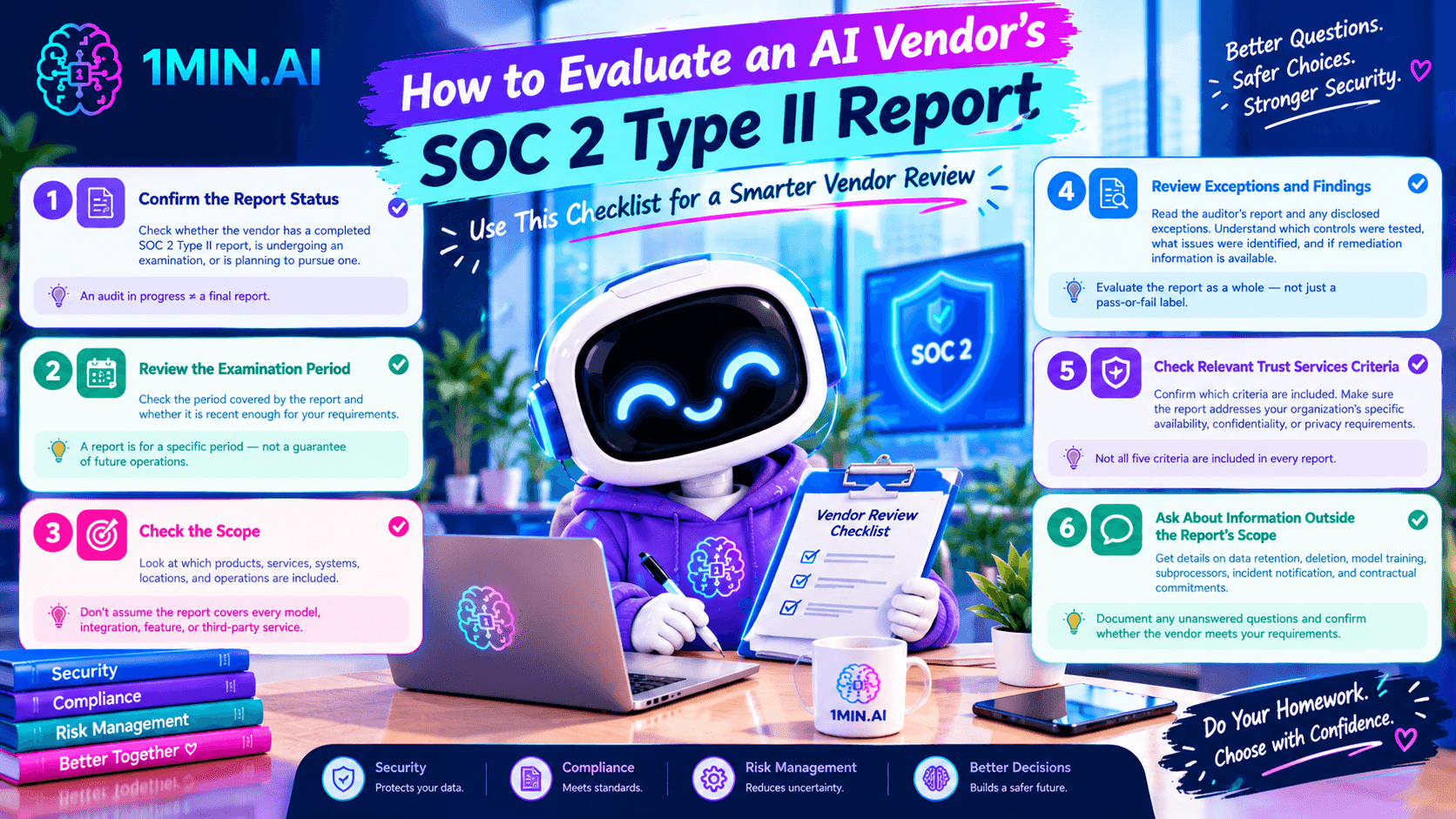 Graphic detailing how to evaluate an AI vendor's SOC 2 Type II report with a robot.