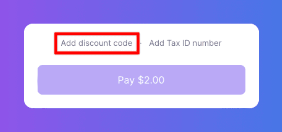 Payment interface displays 'Add discount code' highlighted and a 'Pay $2.00' button.
