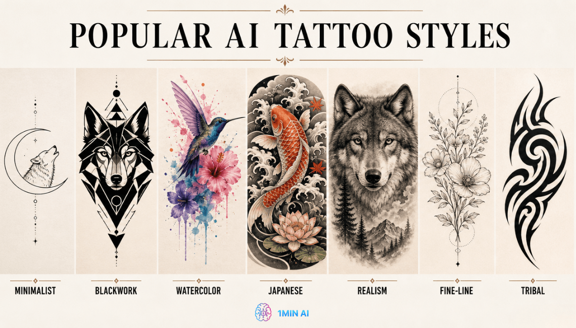 Popular AI tattoo styles collage: minimalist, blackwork, watercolor, Japanese, realism, fine-line, tribal.