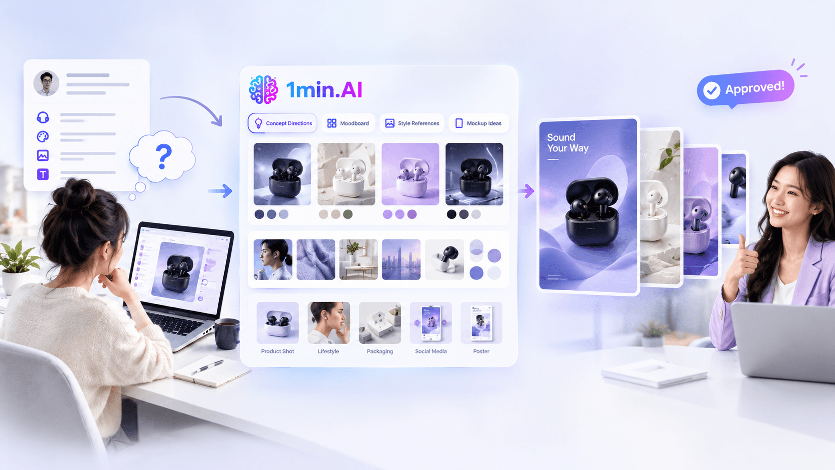 Woman uses 1min.AI platform on laptop to create and approve product marketing content.