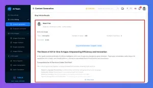 Screenshot of an AI content generation tool displaying a generated article about AI apps.