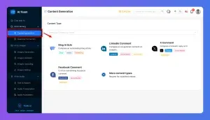 AI dashboard shows "Content Generation" selected, displaying options for various content types.
