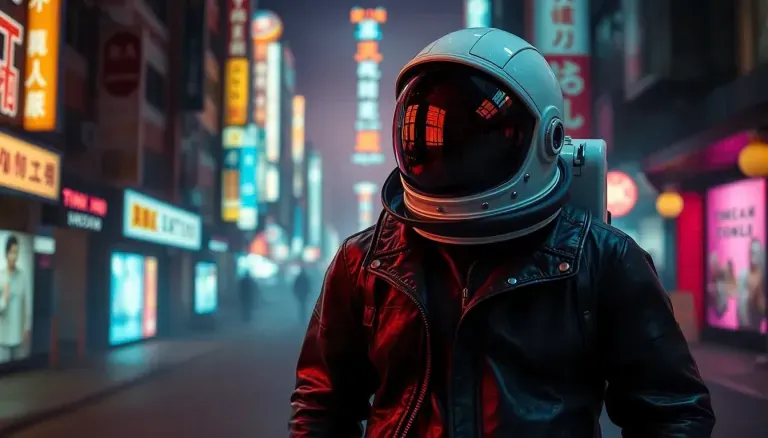 Astronaut in black leather jacket on a futuristic, neon-lit city street at night.