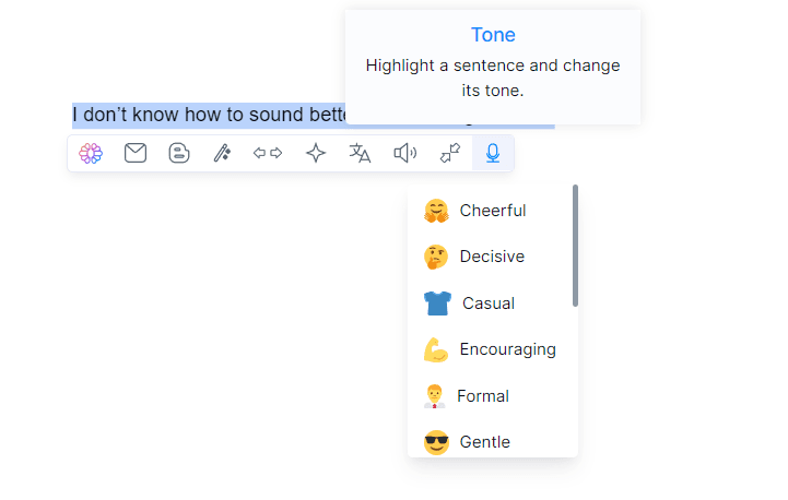 An AI writing assistant showing a 'Tone' menu to change a sentence's style, with options like Cheerful and Formal.