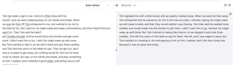 Split-screen interface showing original text on left and a rewritten version on the right.