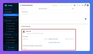 AI Tools content generation dashboard displaying a completed content result with keyword.