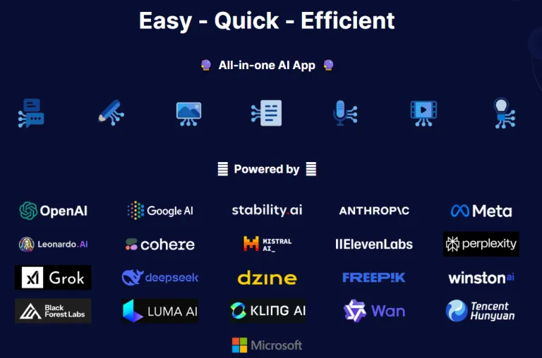 An all-in-one AI app powered by major companies like OpenAI, Google AI, Meta, and Microsoft.
