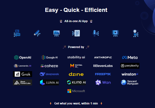 AI app interface promoting "Easy - Quick - Efficient", featuring logos of many major AI partners.