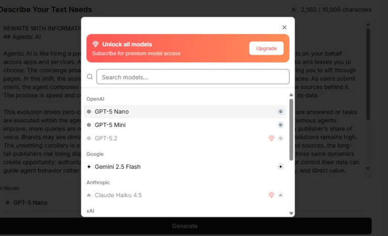 Modal window to unlock premium AI models, listing GPT-5 Mini and Gemini 2.5 Flash.