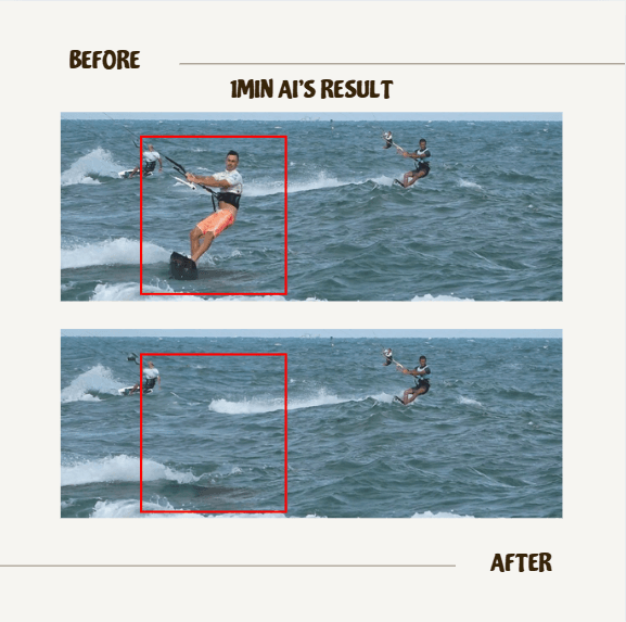 Before and after showing an AI removing a kitesurfer from the water.