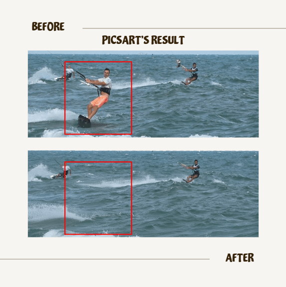 Before and after image showing a waterskier removed from the water by PicsArt.