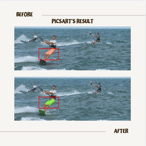 Before and after images of a waterskier, showing color change from orange to green.