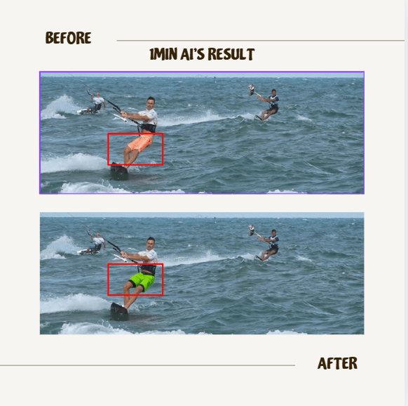 Before and after comparison showing AI changing a jet skier's orange shorts to green.