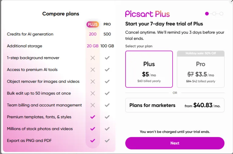 Picsart Plus subscription plans comparison, highlighting features, pricing, and 7-day free trial.