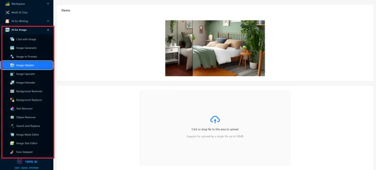 Software interface for image captioning with a bedroom preview and image upload section.