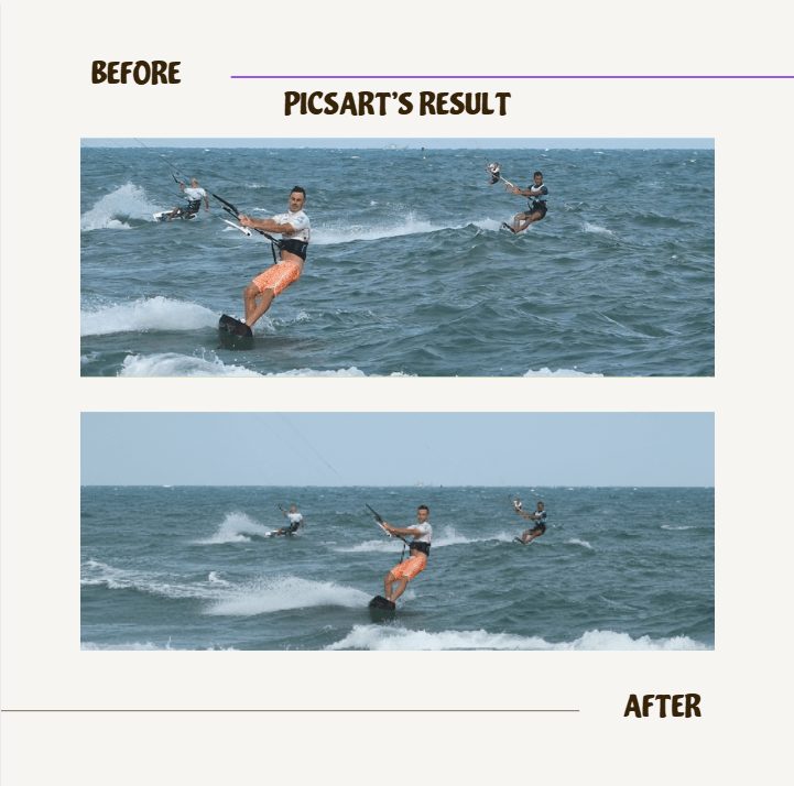 Before and after comparison of kitesurfers, demonstrating the removal of one person by PicsArt.
