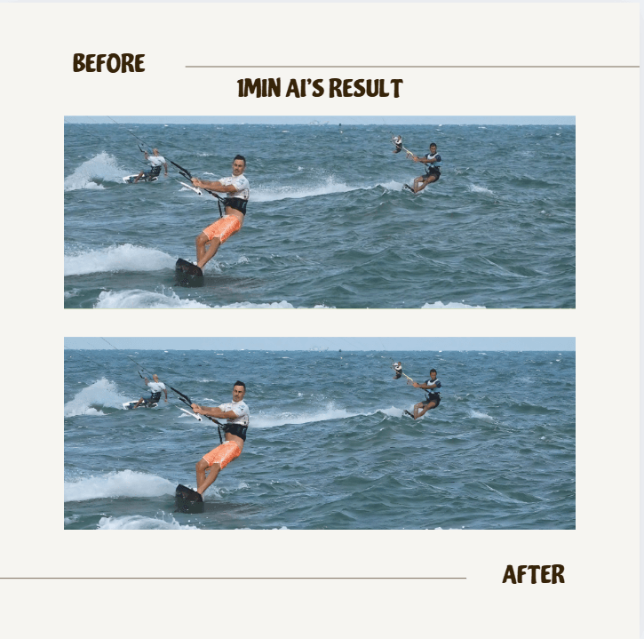 Before and After comparison showing two individuals actively waterskiing, highlighting UMIN AI's result.