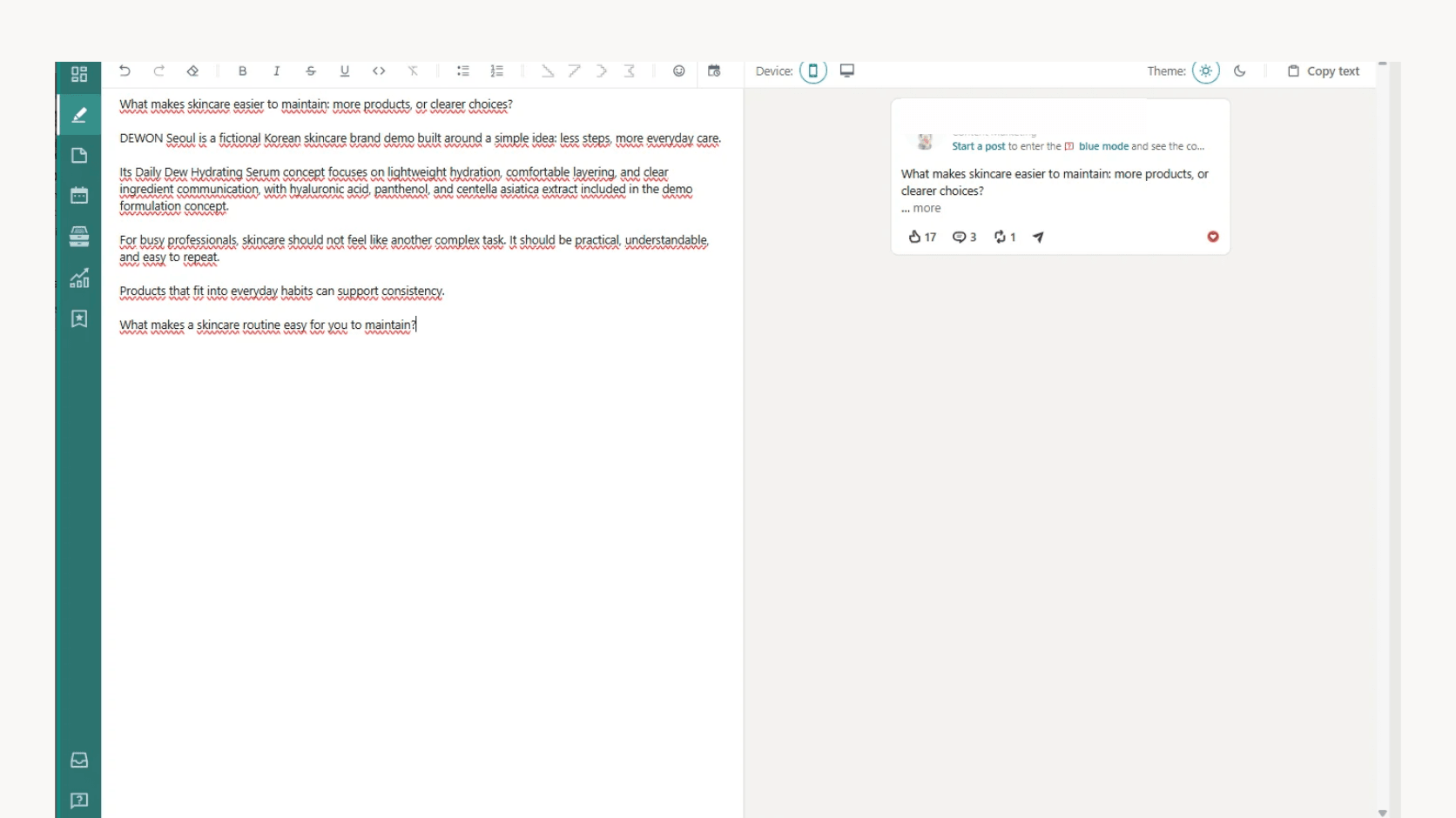 Text editor screenshot showing document draft and a chat AI prompt for content.
