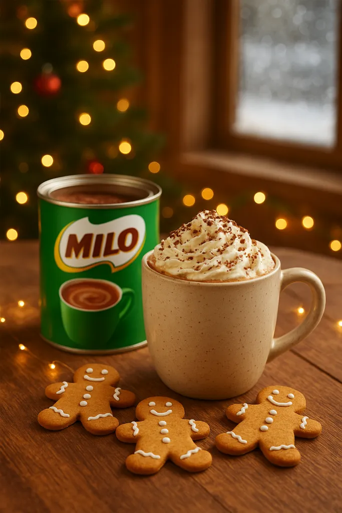 Milo hot chocolate with whipped cream, gingerbread cookies, and Christmas lights.
