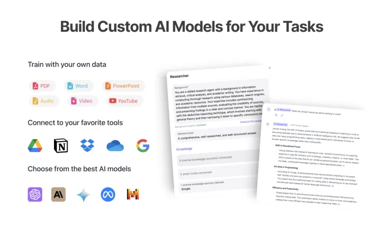 Build custom AI models with your data, connected tools, and top AI providers.