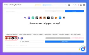 Web interface showing AI assistant options and a "How can we help you today?" prompt.