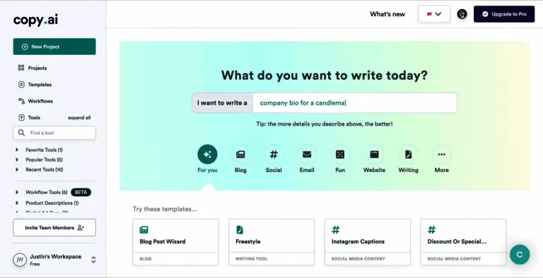 Copy.ai platform interface showing the prompt 'What do you want to write today?' and content templates.