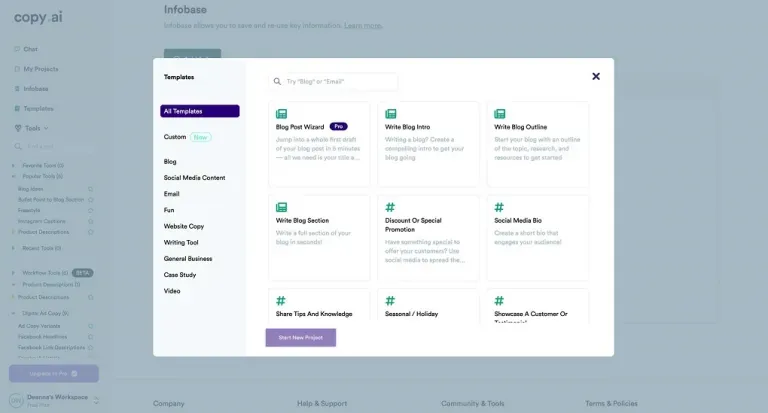 Software interface of an AI writing tool displaying content creation templates.