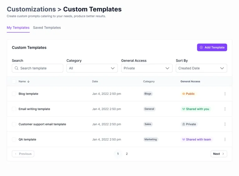 Custom Templates page displaying user-defined templates with search, filter, and sort options.