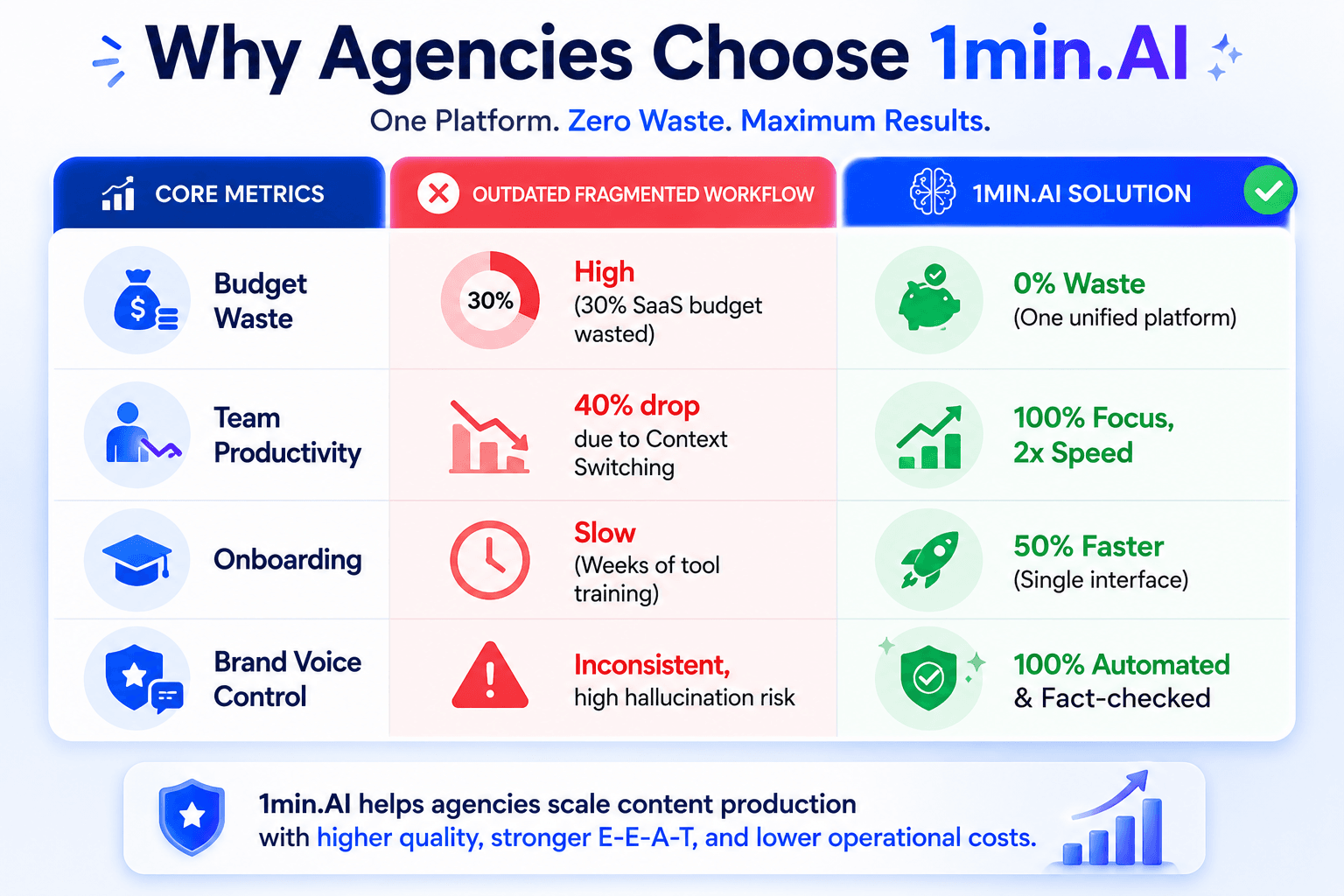 Infographic detailing "Why Agencies Choose 1min.AI" by comparing outdated workflows with 1min.AI solutions.