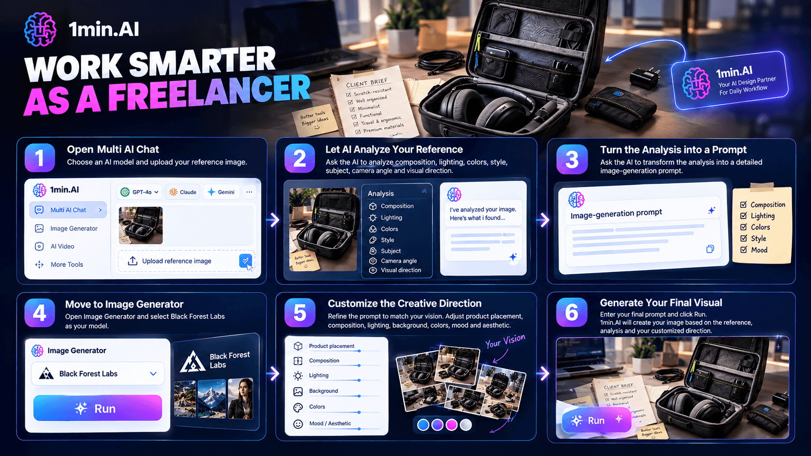 Infographic: 1min.AI's 6-step guide for freelancers to use AI to work smarter.