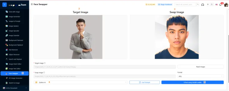 Image Swapper tool interface showing a man thinking and a man's headshot.
