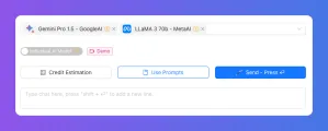 User interface showing tabs for AI models and action buttons.