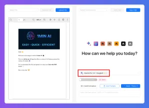 A split screen displays an AI content editor and a search interface querying 'Images'.