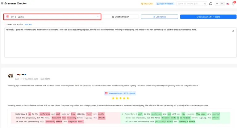 Screenshot of an AI-powered online grammar checker showing text corrections and suggestions.