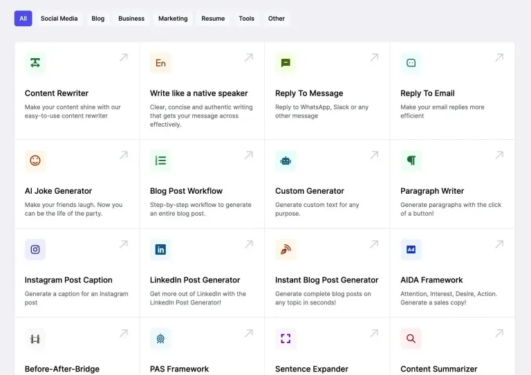 AI content generation tools dashboard displaying various writing and marketing features in a grid.