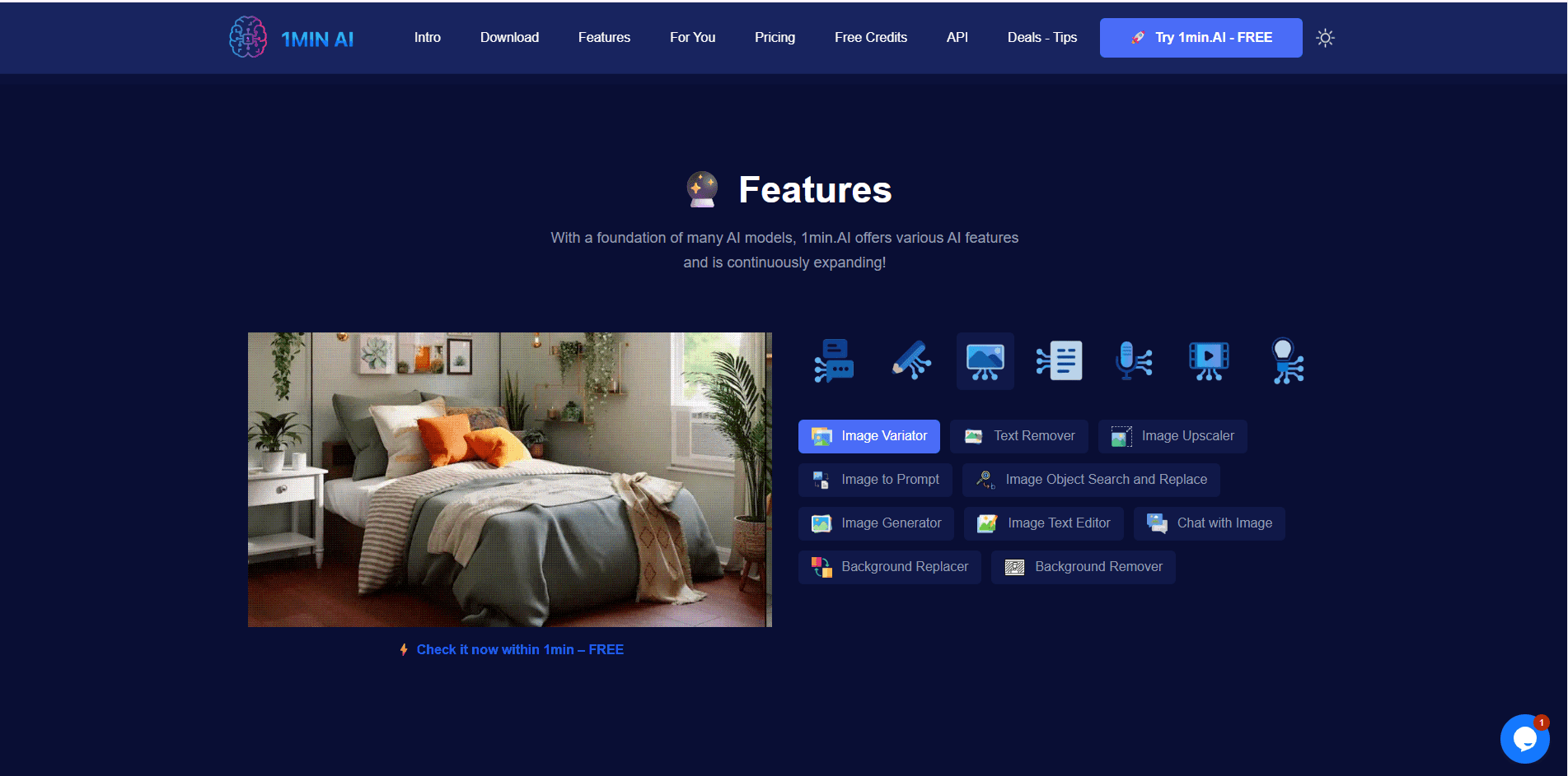Website displaying AI image editing features, with a bedroom image example for inpainting.