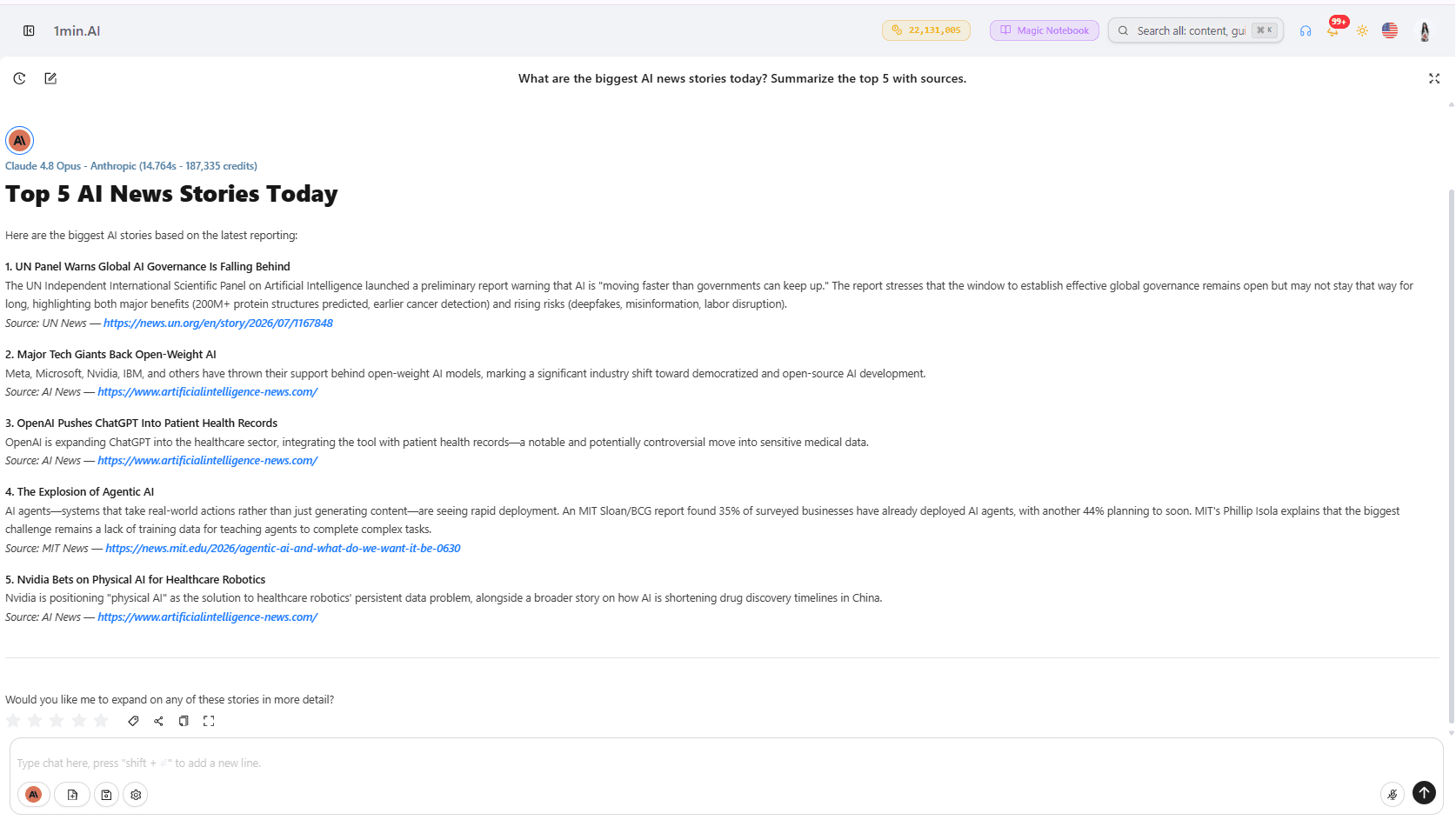 A webpage titled 'Top 5 AI News Stories Today' listing news headlines and links.
