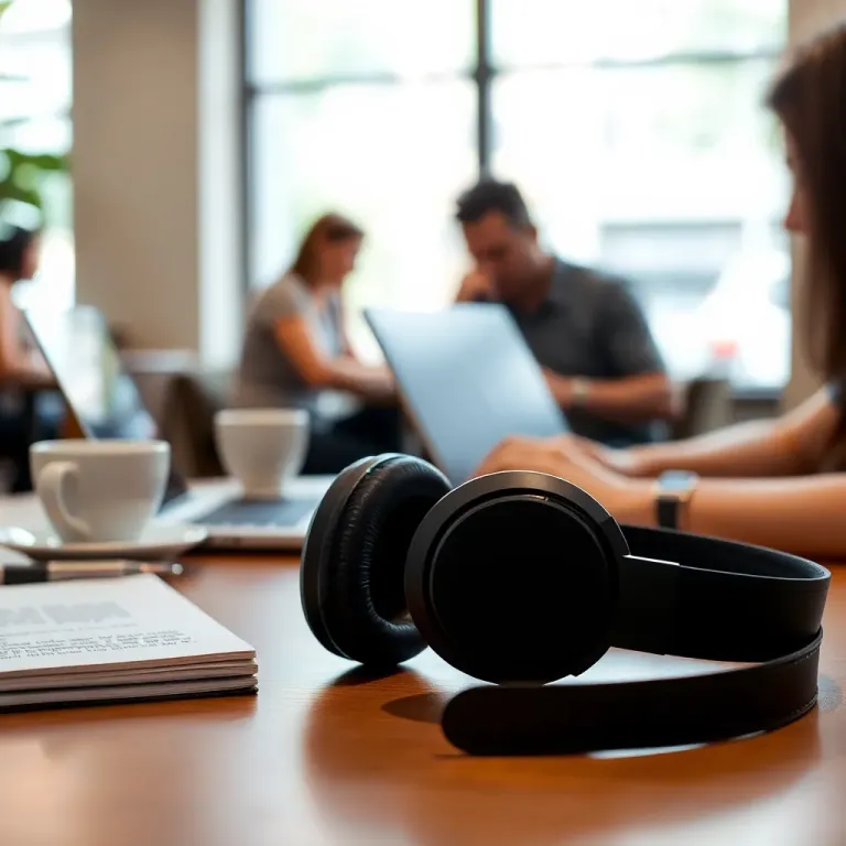 Black wireless headphones rest on a wooden table with blurred people working in background.