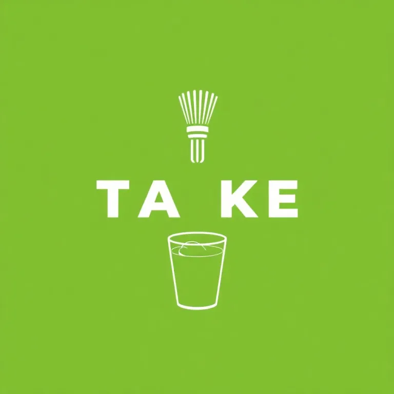 White bamboo whisk, 'TAKE' text, and a cup on a vibrant green background.