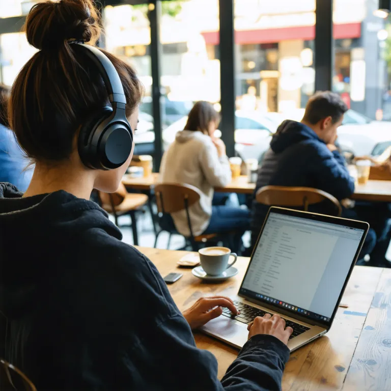 Young woman wearing headphones works on a laptop in a bustling cafe.