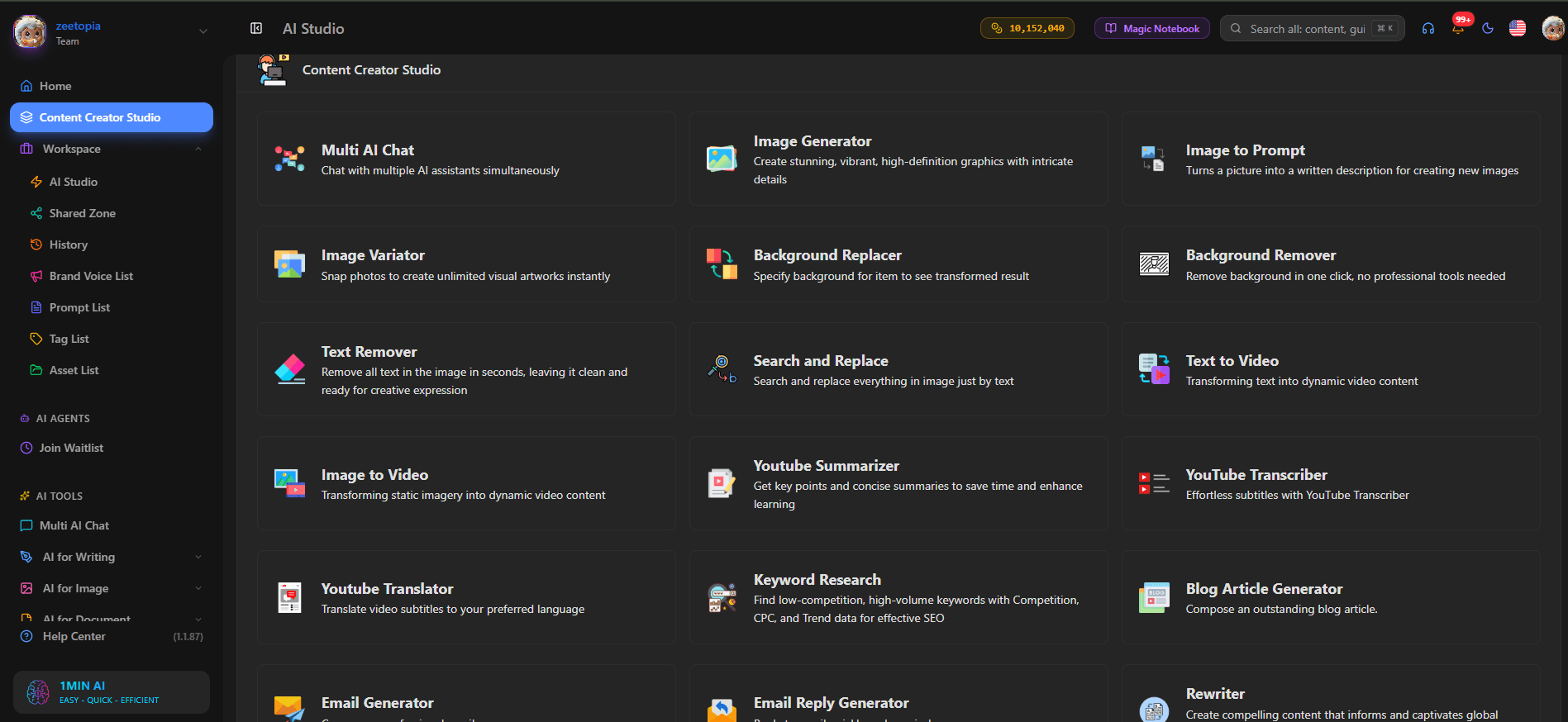 AI content creator studio dashboard in dark mode, showing tools for image and video generation.