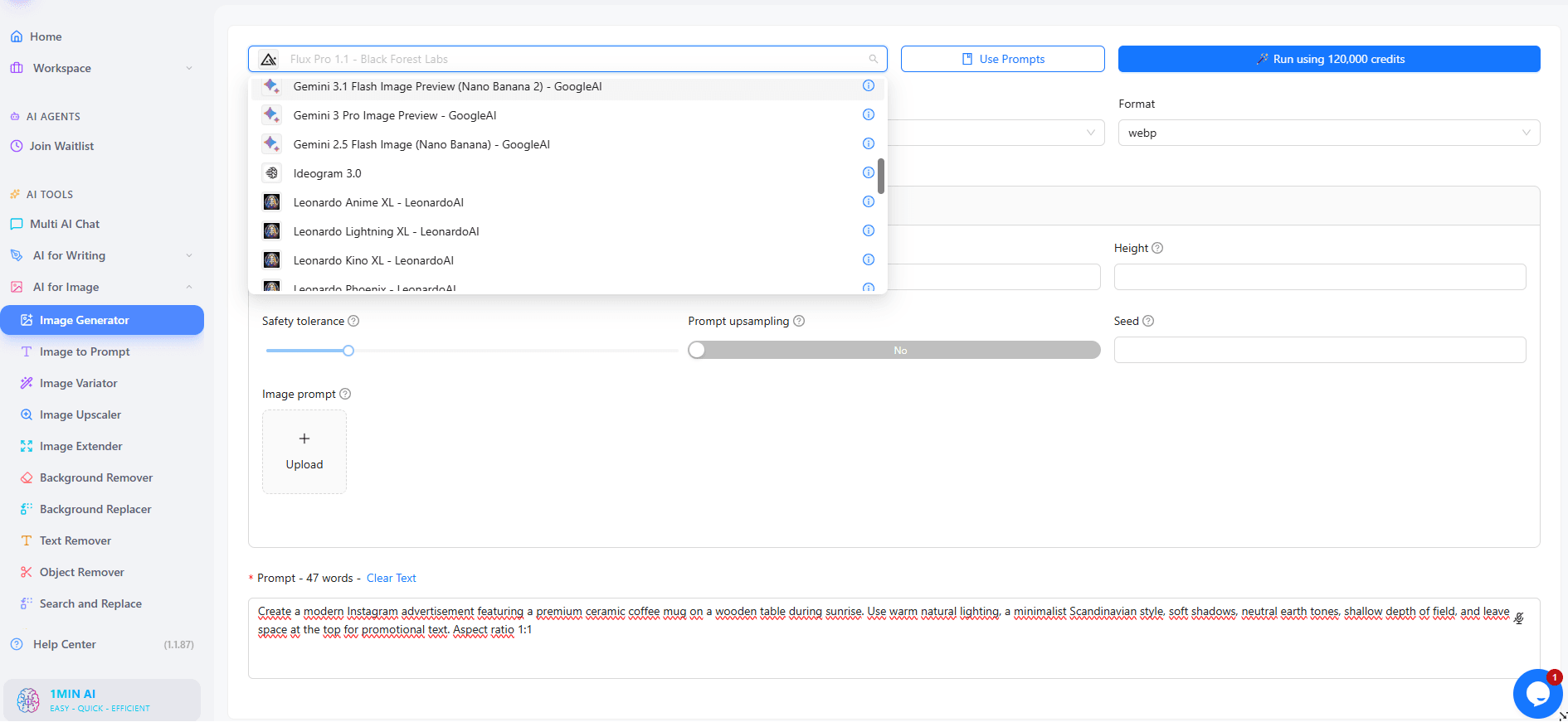 Image generation UI with search bar, dropdown suggestions, and upload functionality.