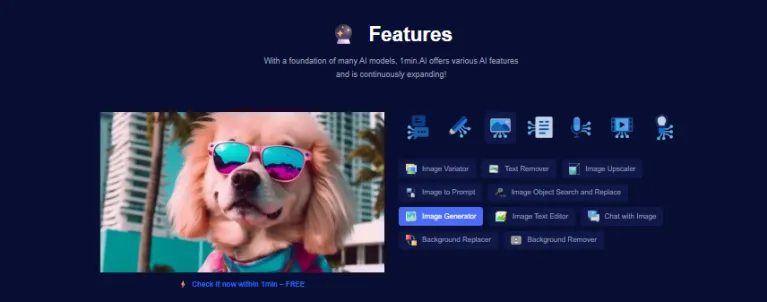 Webpage showcasing AI model features, illustrated by a cool poodle wearing mirrored sunglasses.
