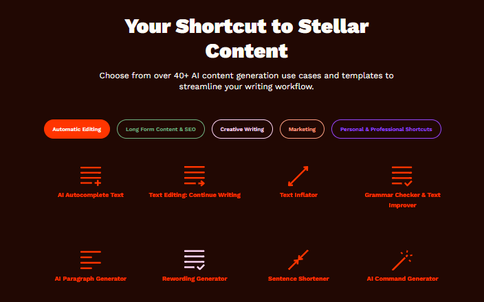 AI platform with various content generation tools for writing, editing, and marketing.