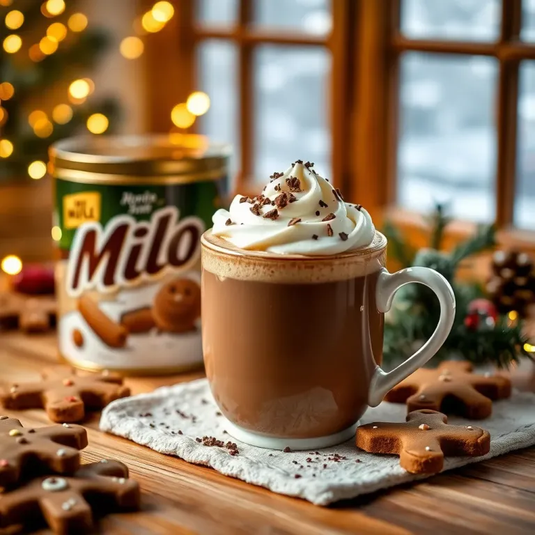Mug of hot chocolate with whipped cream, gingerbread cookies, and a Milo tin on a window sill.