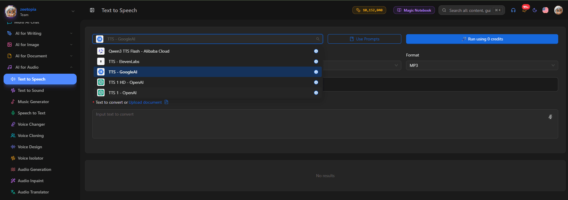Dark UI of a text-to-speech platform showing selected 'Text to Speech' menu and files.