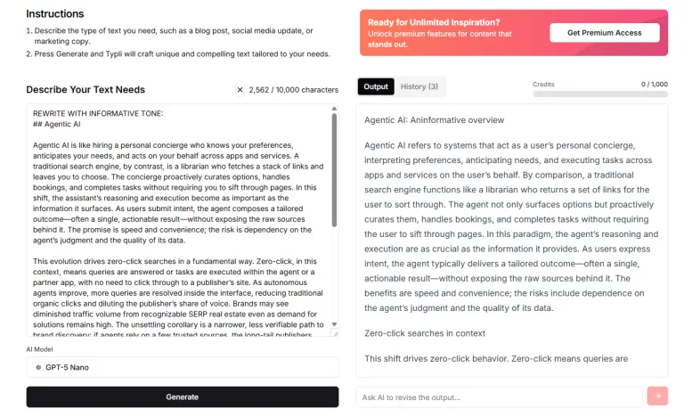 User interface displaying an AI content generator for "Agents as multichannel executors."
